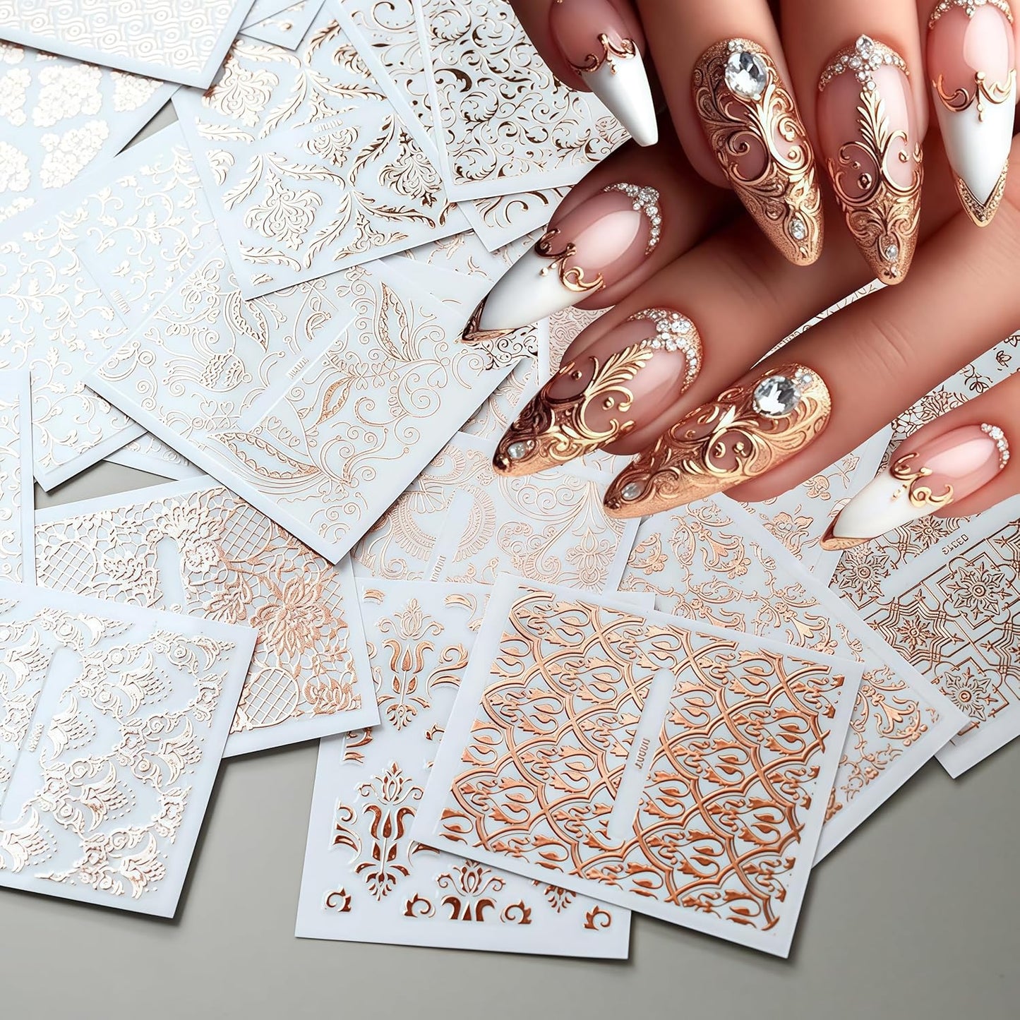 30 Sheets Lace Flower Nail Art Sticker 3D Self-Adhesive Hollow Rose Golden Lace Floral Vine Decals Irregular Geometric Manicure Sliders for Spring Summer Women Acrylic Nail Decorations-FemmiqueWomen
