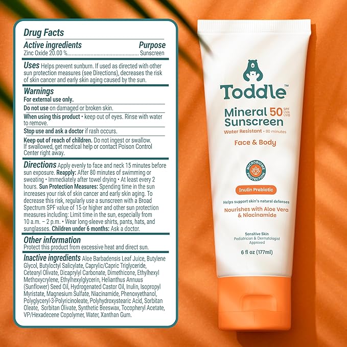 Prebiotic Mineral Sunscreen SPF 50 for Kids & Baby, Face & Body Sun Protection, Reef Safe, Non-Toxic Zinc Oxide Broad Spectrum, Water-Resistant, No White Cast, Travel Size 1.7oz-FemmiqueWomen