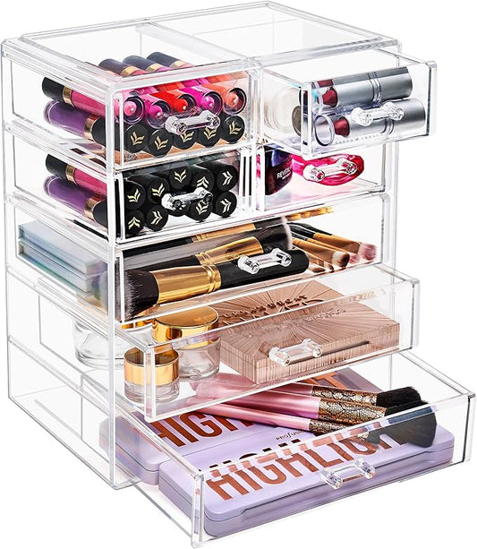 Sorbus Acrylic Makeup Organizer - Organization and Storage Case for Cosmetics Make Up & Jewelry - Big Clear Makeup Organizer for Vanity, Bathroom, College Dorm, Closet, Desk (3 Large, 4 Small Drawers)-FemmiqueWomen