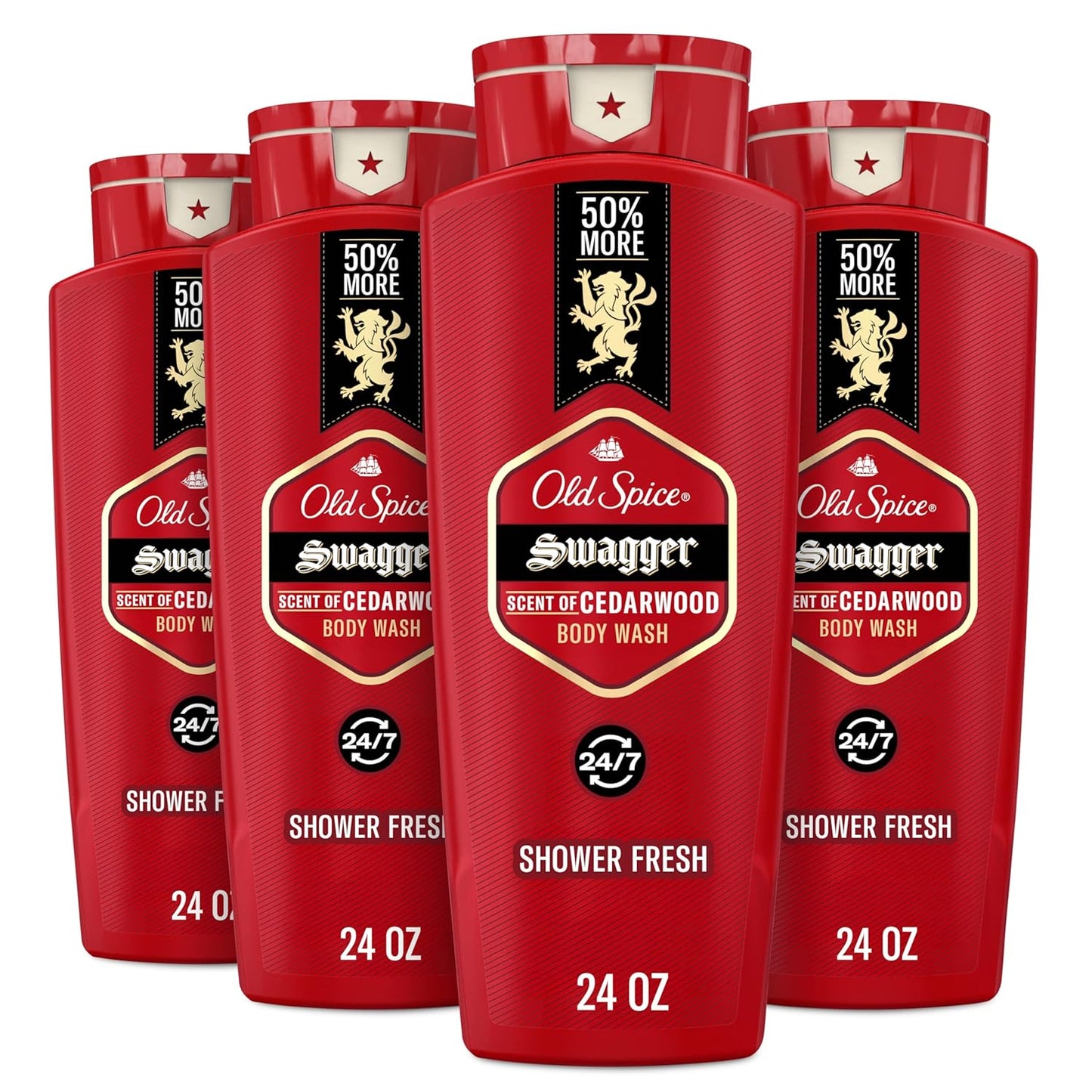 Old Spice Refreshing Body Wash for Men, 3X Defense, 24/7 Shower Fresh with Long Lasting Scent, Red Collection, Swagger with Cedarwood Scent, 24 oz (Pack of 4)-FemmiqueWomen