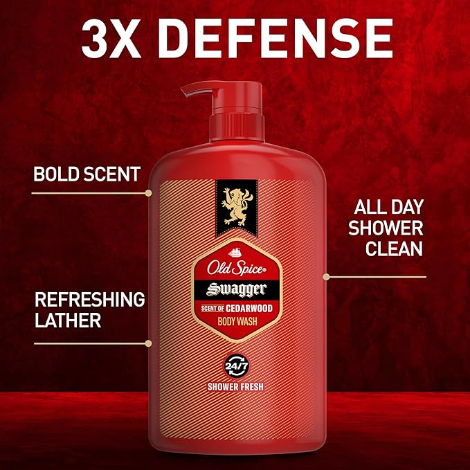 Old Spice Body Wash for Men, 24/7 Shower Fresh with Lasting Scent, Red Collection, Swagger with Cedarwood Scent, 33.4 fl oz (Pack of 4)-FemmiqueWomen