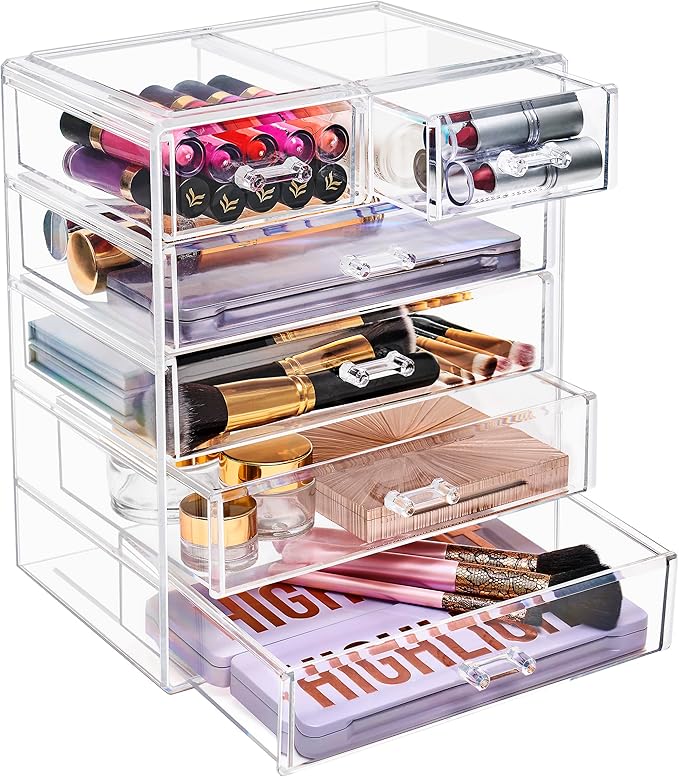 Sorbus Acrylic Makeup Organizer - Organization and Storage Case for Cosmetics Make Up & Jewelry - Big Clear Makeup Organizer for Vanity, Bathroom, College Dorm, Closet, Desk (4 Large, 2 Small Drawers)-FemmiqueWomen
