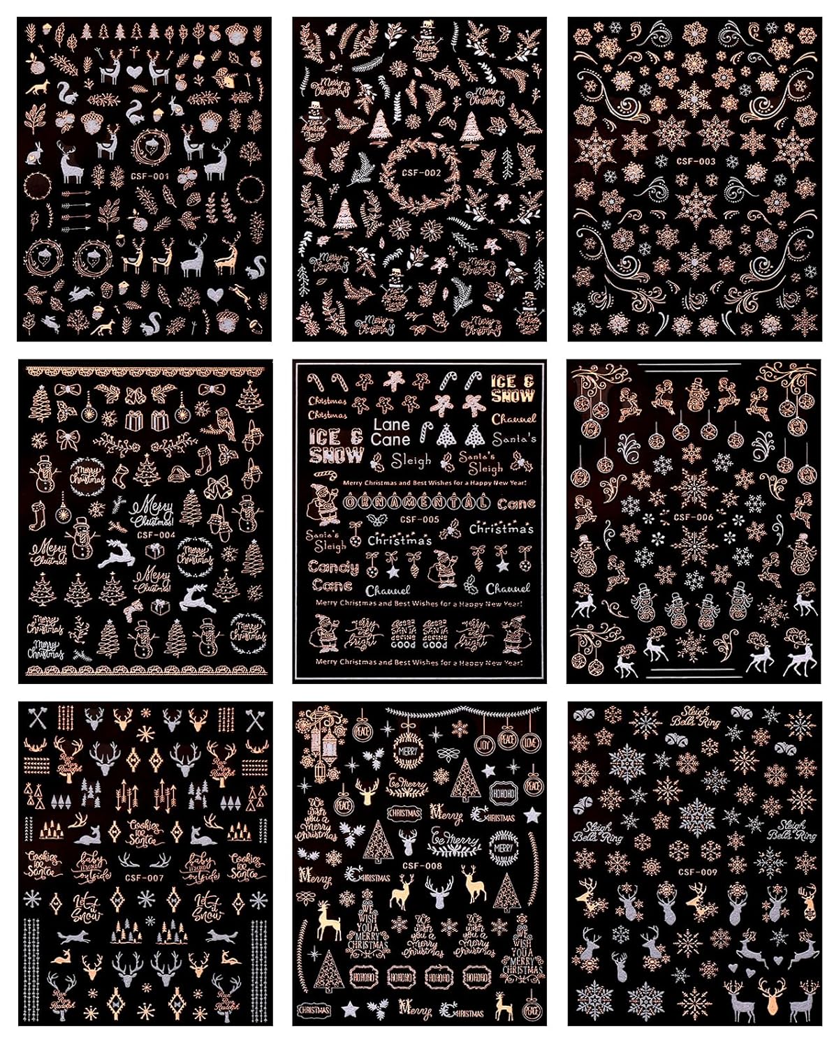 JMEOWIO 9 Sheets Christmas White Glitter Nail Art Stickers Decals Self-Adhesive Snowflake Winter Holiday Rose Gold Nail Supplies Nail Art Design Decoration Accessories-FemmiqueWomen