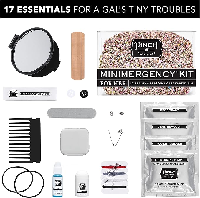 Pinch Provisions Rose Gold Minimergency Kit, includes 17 Travel-Sized Cosmetic Essentials, Convenient for Purses, Emergency Beauty Accessories, Gifts for Holiday’s & Birthday’s-FemmiqueWomen