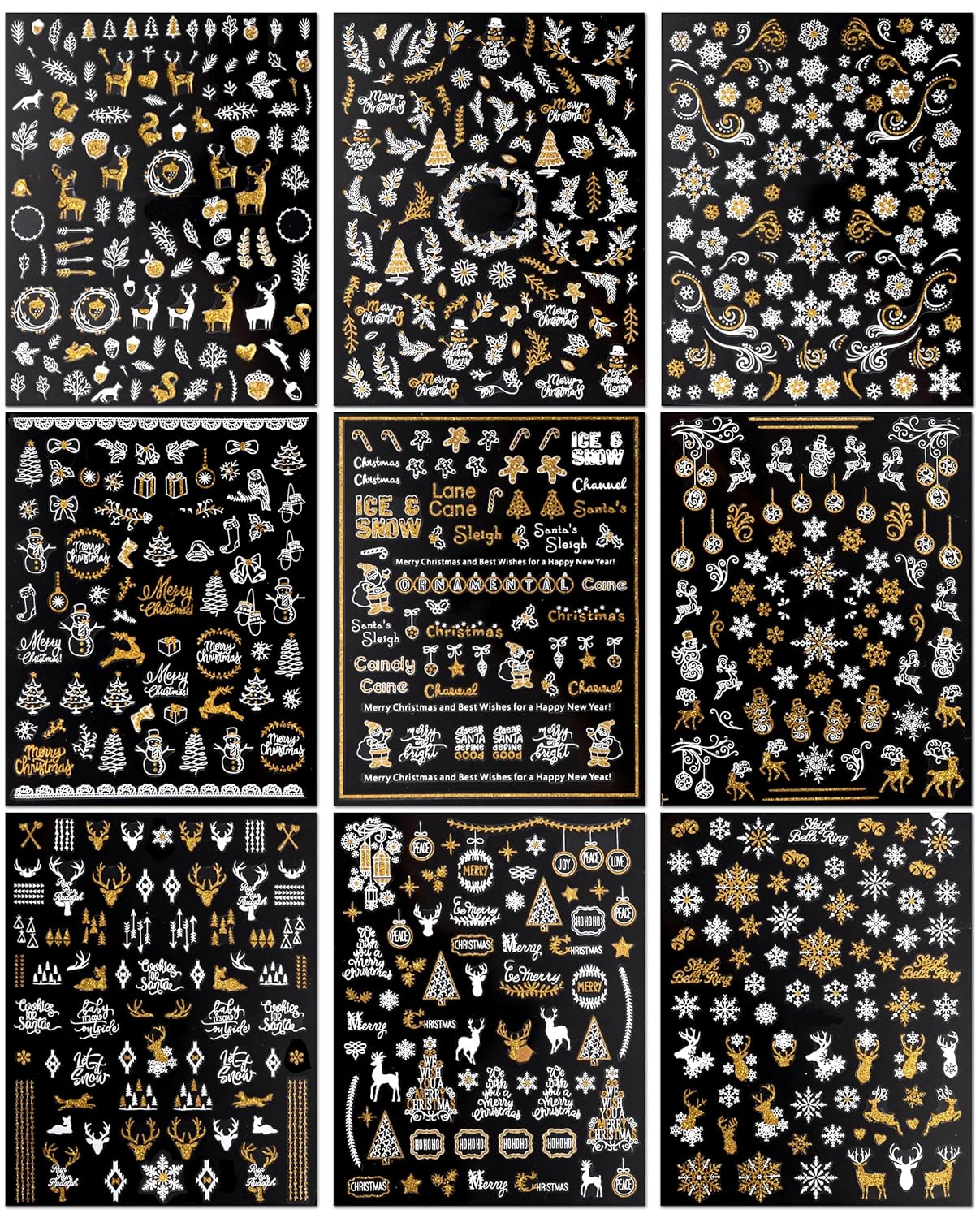 JMEOWIO 9 Sheets Christmas Nail Art Stickers Decals Self-Adhesive Pegatinas Uñas Bling Snowflake Snowman Holiday White Gold Nail Supplies Nail Art Design Decoration Accessories-FemmiqueWomen