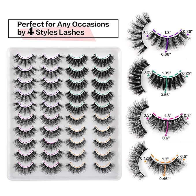 JIMIRE 20 Pairs False Eyelashes 4 Styles Mink Eyelashes Fluffy Pack 3D Volume Faux Mink Cat Eye Lashes Pack-FemmiqueWomen