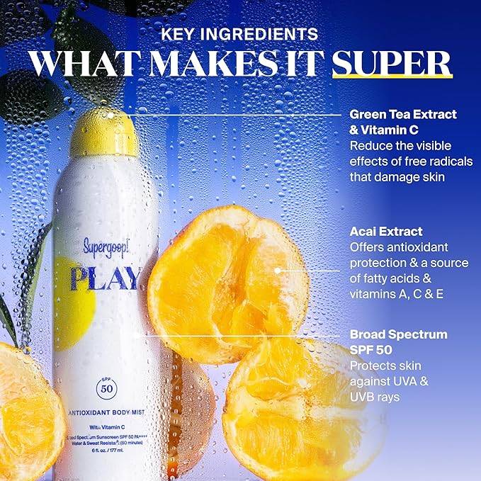 Supergoop! PLAY Antioxidant Body Mist w/Vitamin C - 3 fl oz - SPF 50 PA++++ Broad Spectrum Sunscreen - Body Spray - Great for Active Days-FemmiqueWomen