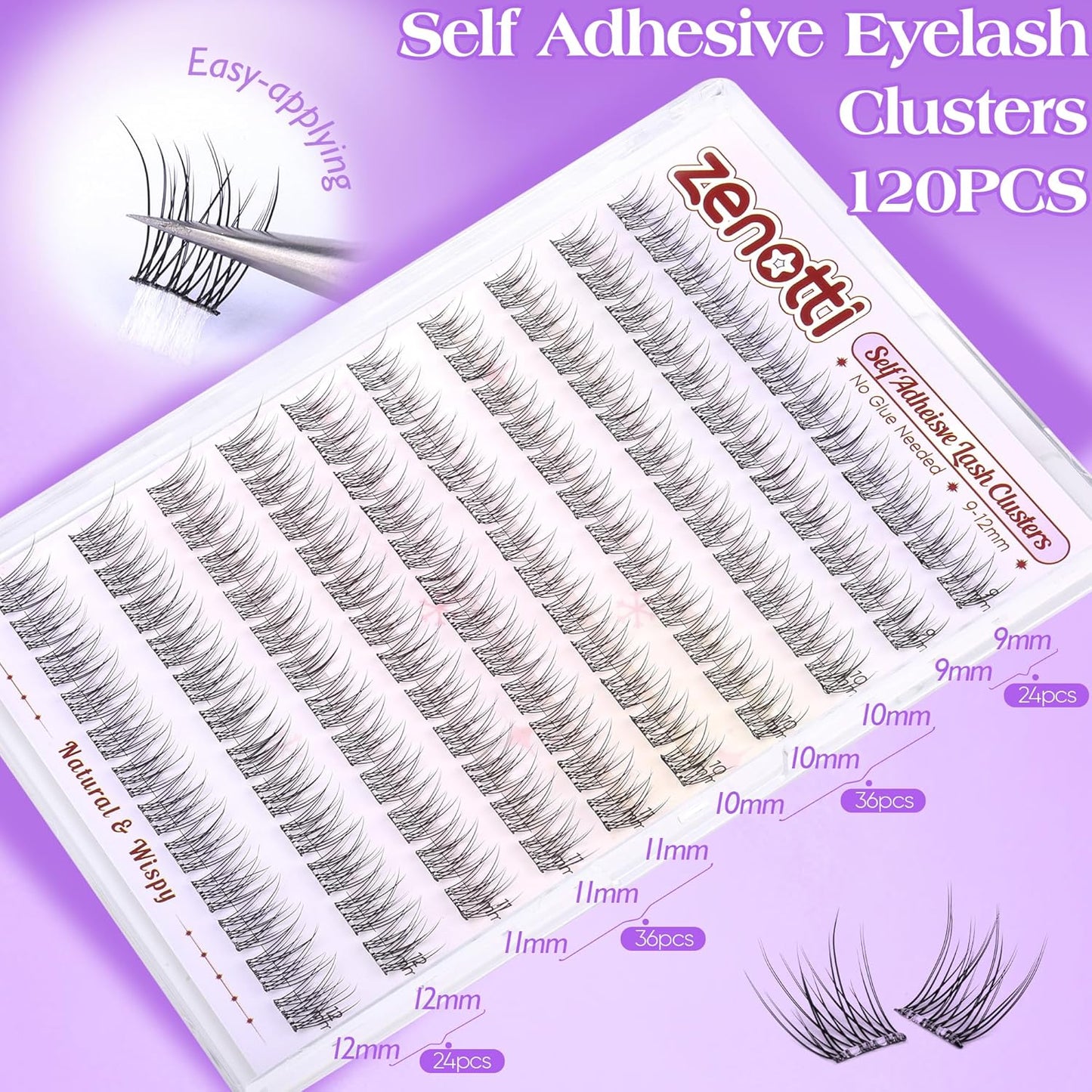 Natural Self Adhesive Clusters Lashes No Glue Self Adhesive Wispy Cluster Eyelashes Extensions Pre-glued Lashes Cluster Reusable C-Curly Individual Lashes 9-12mm Press on Lash by zenotti-FemmiqueWomen