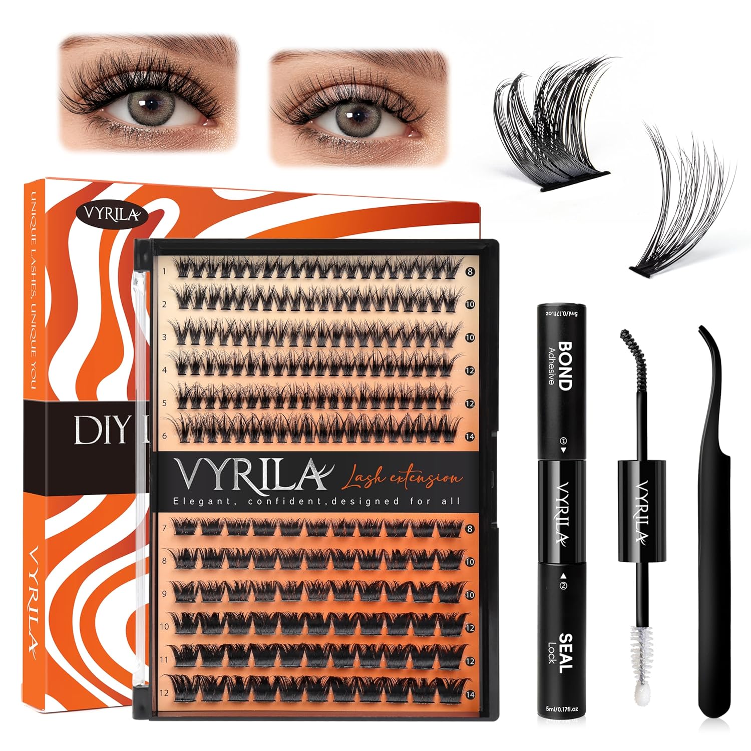 Lash Clusters Kit-VYRILA 0.07mm Wispy 8-14mix C Curl Eyelash Clusters with Lash Bond and Seal Waterproof, Eyelash Tweezers (30P+S03 KIT 186pcs-8-14mix)-FemmiqueWomen