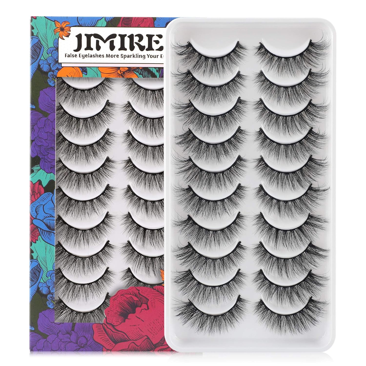 JIMIRE Fake Eyelashes Natural Look Fluffy Wispy False Lashes Cat-Eye Lashes with Thin Band Lightweight Fake Lashes 10 Pairs Pack-FemmiqueWomen
