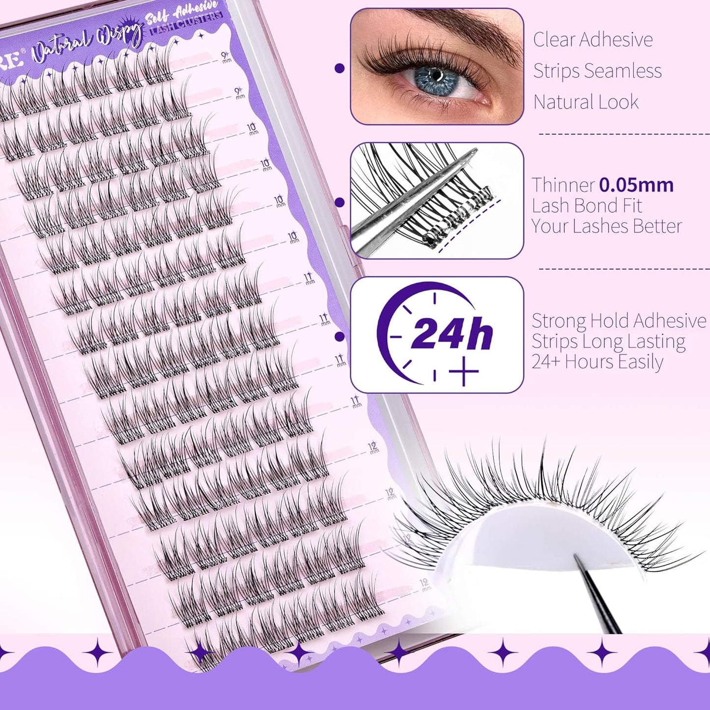 JIMIRE Self Adhesive Eyelashes Wispy Lash Clusters Natural Look 9-12MM Press on Lashes Self Adhesive Lash Clusters No Glue Needed Natural Pre Glued Lashes Clusters Reusable Invisible Band-FemmiqueWomen