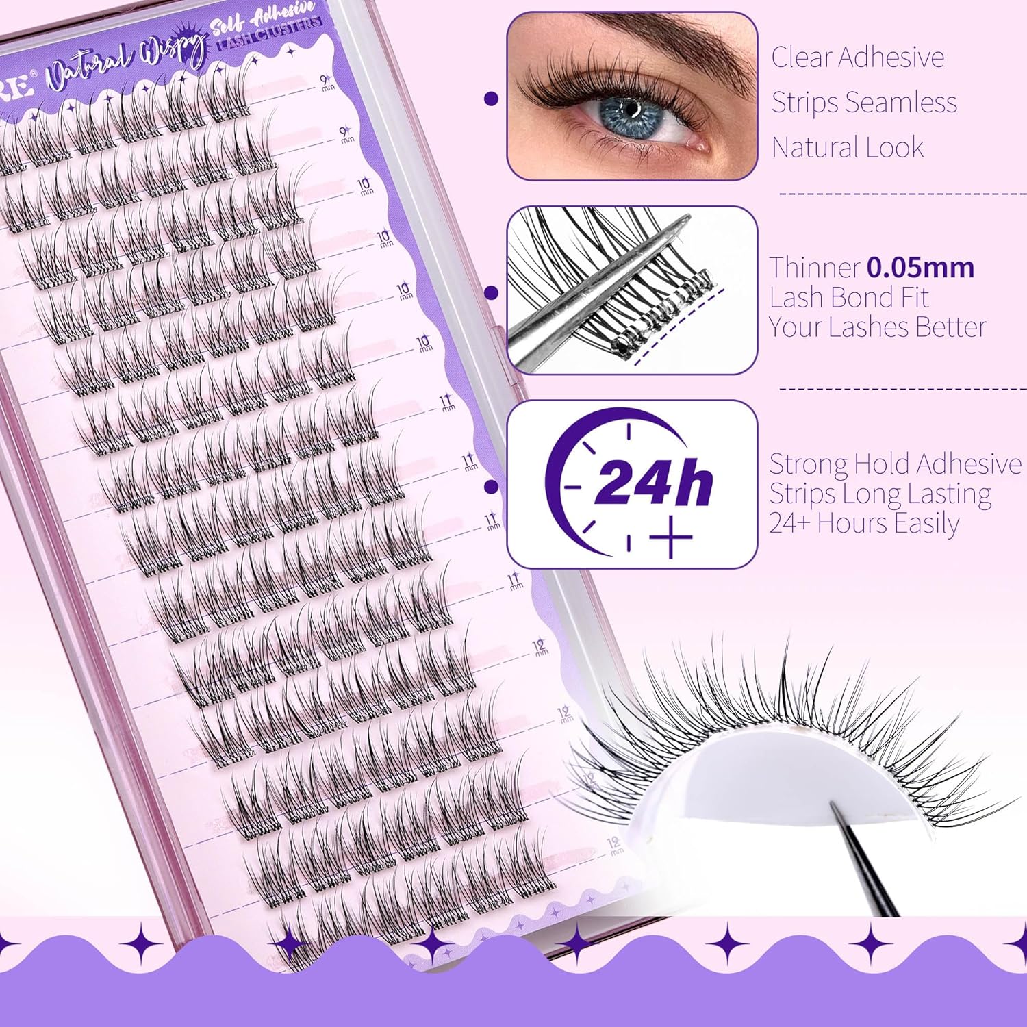 JIMIRE Self Adhesive Eyelashes Wispy Lash Clusters Natural Look 9-12MM Press on Lashes Self Adhesive Lash Clusters No Glue Needed Natural Pre Glued Lashes Clusters Reusable Invisible Band-FemmiqueWomen