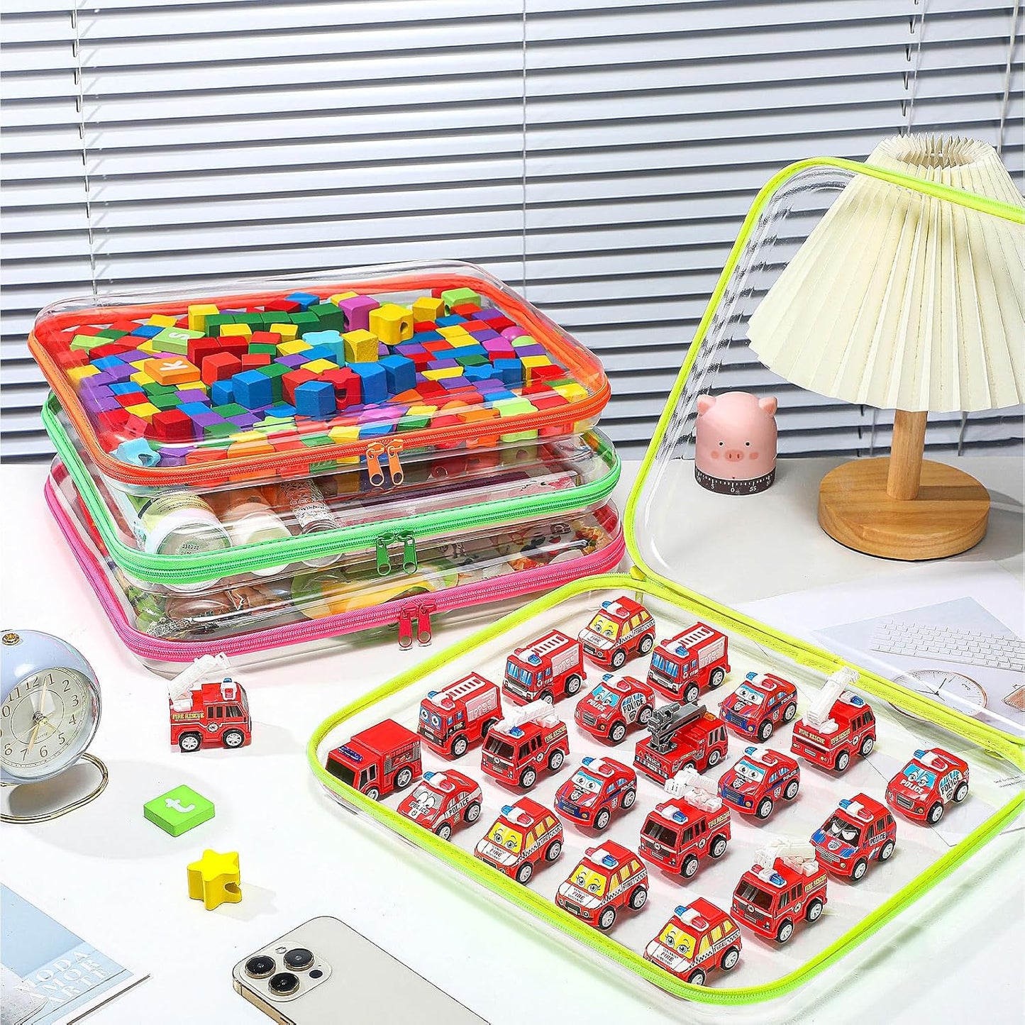 Hoolerry 4 Pcs Hard Clear Zipper Case Makeup Bags Plastic Pencil Pouch Transparent Storage Box Containers for Cosmetics, Snacks, Building Blocks, Puzzles(Fluorescent,13.8 x 11.8 x 2 in)-FemmiqueWomen