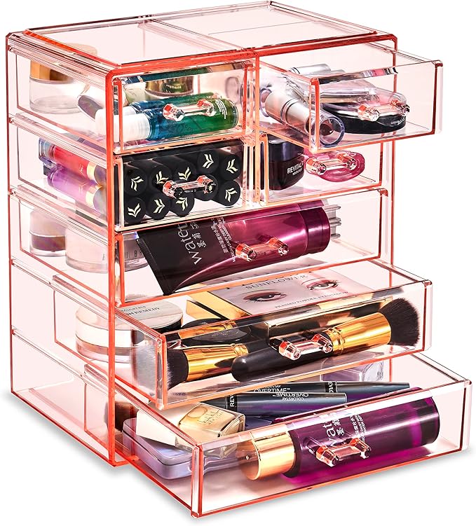 Sorbus Acrylic Makeup Organizer - Organization and Storage Case for Cosmetics Make Up & Jewelry - Big Clear Makeup Organizer for Vanity, Bathroom, College Dorm, Closet, Desk (3 Large, 4 Small Drawers)-FemmiqueWomen
