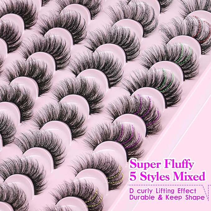 JIMIRE False Eyelashes Natural Fluffy Wispy Faux Mink Lashes 5D 14mm-18mm 5 Styles Mixed Lashes for Small Eyes Natural Look Fake Eyelashes 20 Pairs Multipack-FemmiqueWomen