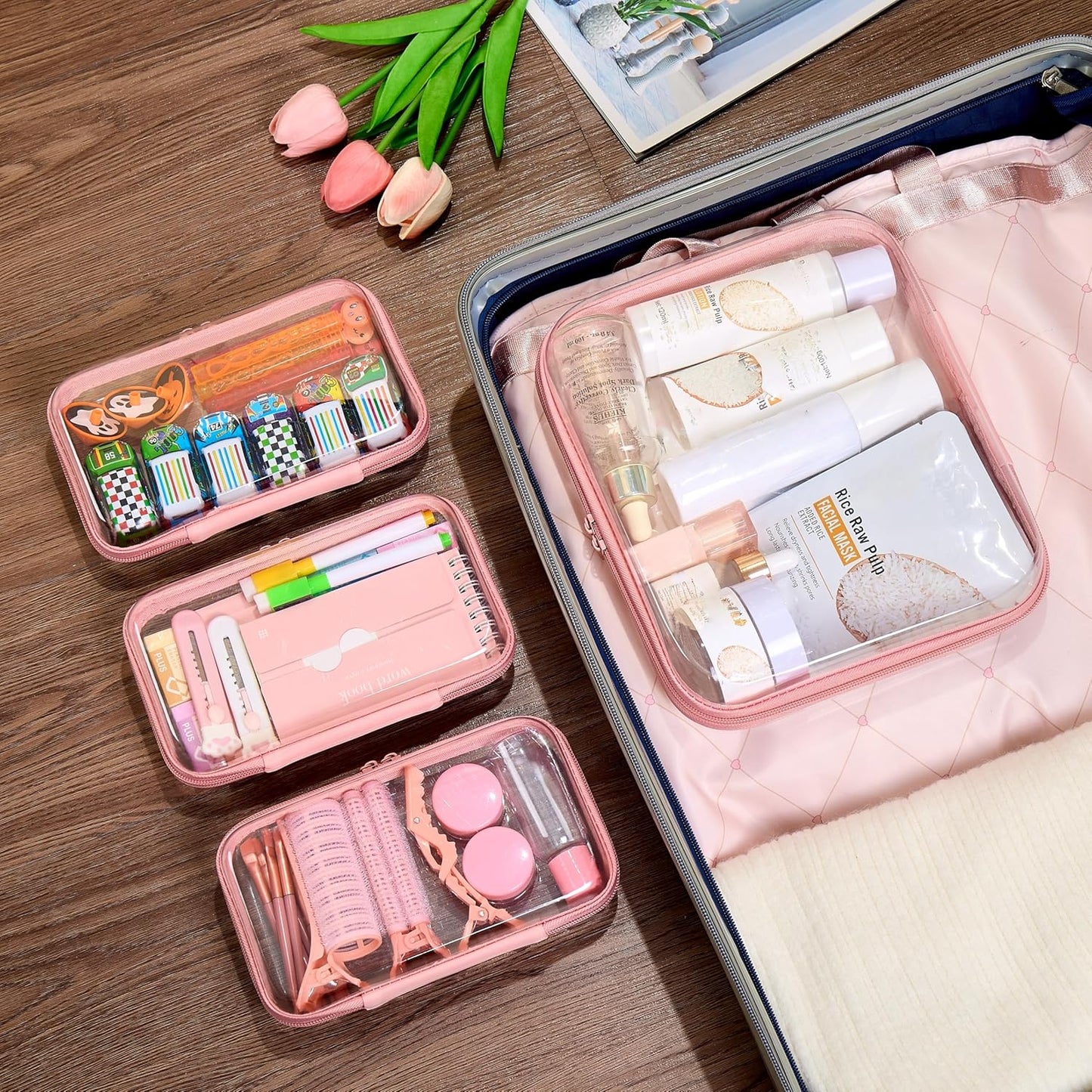 4 pcs Clear Zipper Pouches,Hard Shell Zipper Case, Toiletry Bag for Travel, CLear Diaper Bag, Toiletry Pouch, Travel Organizer, Clear Cosmetic Bag,Toy Storage Bins (M+3S) (Light Pink)-FemmiqueWomen