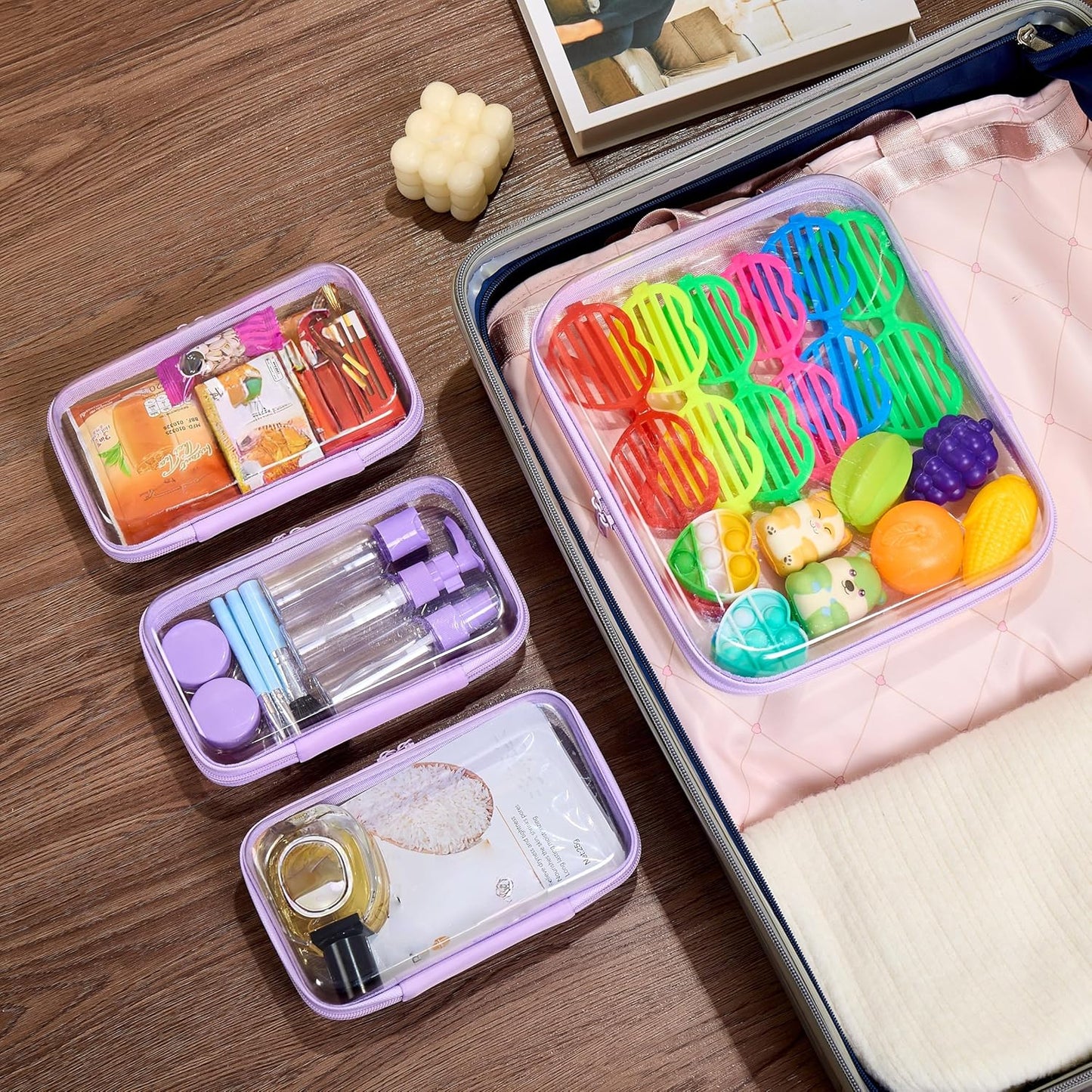 4 pcs Clear Zipper Pouches,Hard Shell Zipper Case, Toiletry Bag for Travel, CLear Diaper Bag, Toiletry Pouch, Travel Organizer, Clear Cosmetic Bag,Toy Storage Bins (M+3S) (Lavender)-FemmiqueWomen