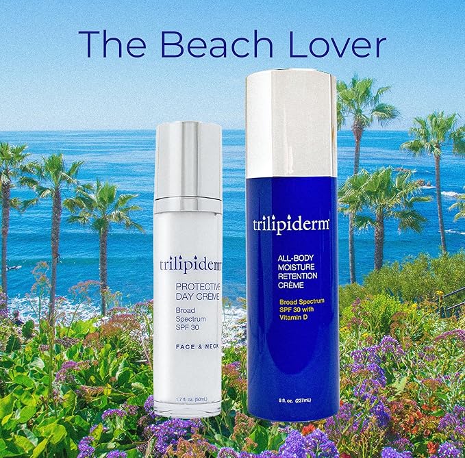 Trilipiderm Beach Lover Bundle- All-Body Moisture Retention Crème Sunscreen (8oz) & Protective Day Crème Broad Spectrum SPF 30 (1.7oz), Sunscreen Lotion UVA/UVB Set for Face, Body, Travel Size-FemmiqueWomen