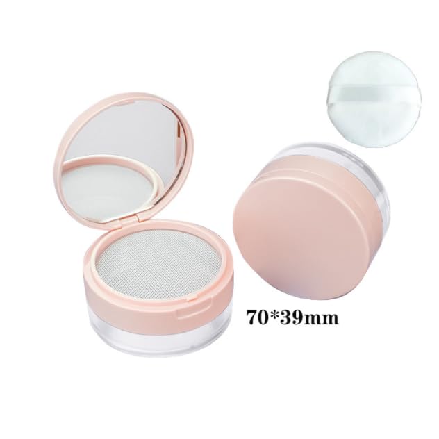 Loose Powder Cocntainer No Leaks Empty Reusable Plastic Loose Powder Compact Container Makeup Powder Case with Sponge Powder Puff,Elasticated Net Sifter and Pink Threaded Screw Lid-FemmiqueWomen