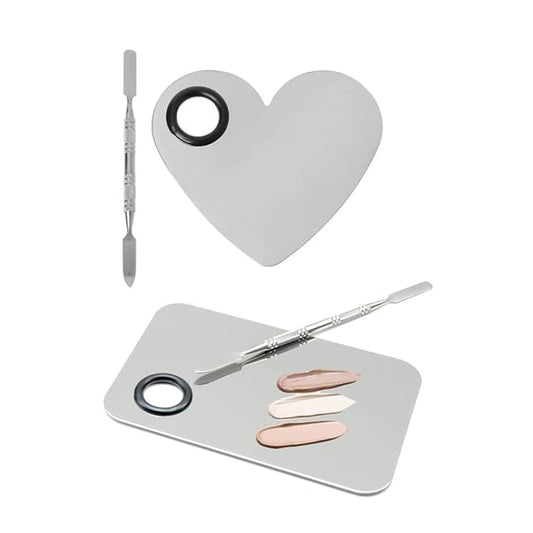 2 Pack Makeup Palette,Stainless Steel Cosmetic Mixing Palette with Spatula Tool for Foundation Nail Art Eyeshadow, Silver-FemmiqueWomen