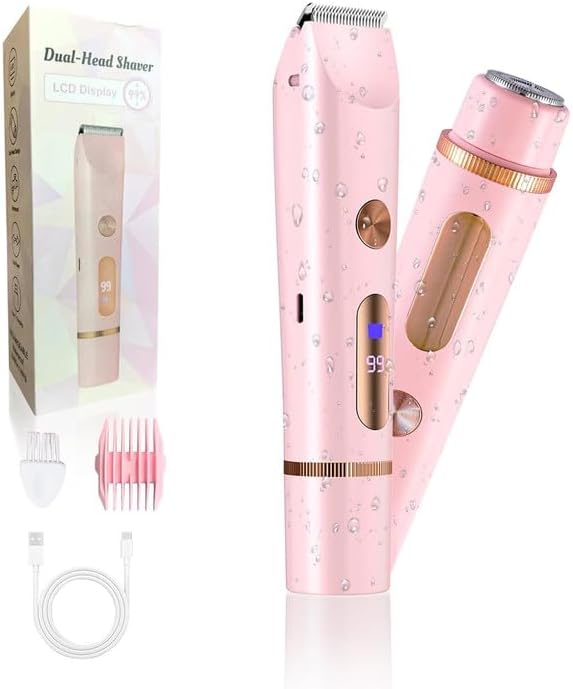 2025 Upgraded Dermave Bikini Shaver - 2 in 1 Bikini Trimmer for Women with LCD Display, Dual Head Cordless Electric Shaver, IPX7 Waterproof Wet/Dry Body Hair Trimmer for Face, Body & Intimate Areas-FemmiqueWomen