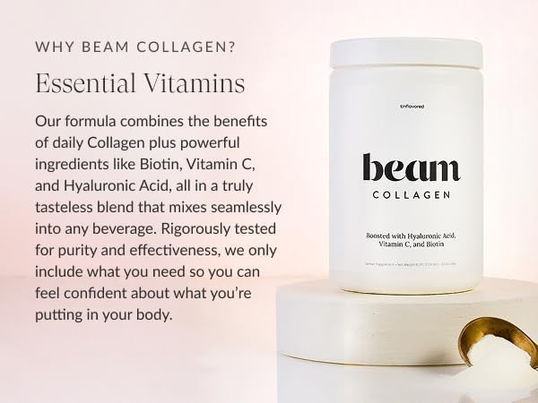 Beam Collagen Powder, Collagen for Women, Collagen with Hyaluronic Acid, Collagen Peptides Type 1 and 3, with Biotin, Grass Fed Bovine, Third-Party Tested, Best for Coffee, Vitamin C, 60 Servings-FemmiqueWomen