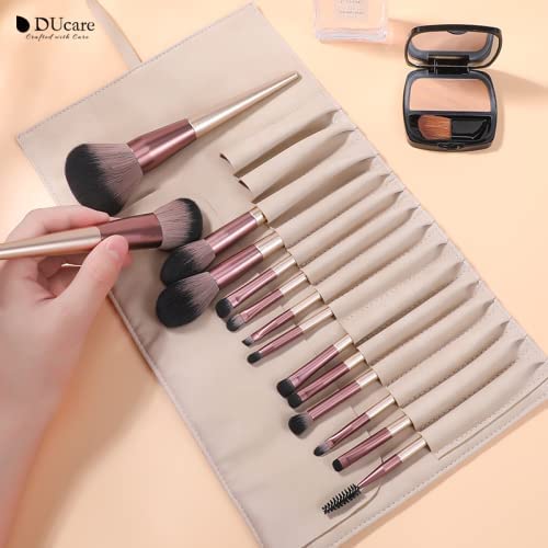 DUcare Makeup Brushes with Bag - 14Pcs Professional Synthetic Make Up Brushes Set for Blush Concealer Foundation Bronzer Powder Eyebrow Eyeshadow Blending Makeup Brush Set Mekaup bag, Rose Golden-FemmiqueWomen