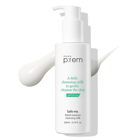 MAKE P:REM Safe Me. Relief Moisture Cleansing Milk, Hydrating Gentle Face Wash for Sensitive Skin with Soy Protein, Korean Milky Cleanser, Korean Skin Care, 6.76 Fl.Oz, 200ml-FemmiqueWomen