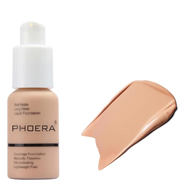 2Pcs Liquid Foundation Full Coverage 24HR Matte Oil Control Concealer 30ml (Nude & Buff Beige) with Kabuki Foundation Brush Flat Top (1pcs-103)-FemmiqueWomen