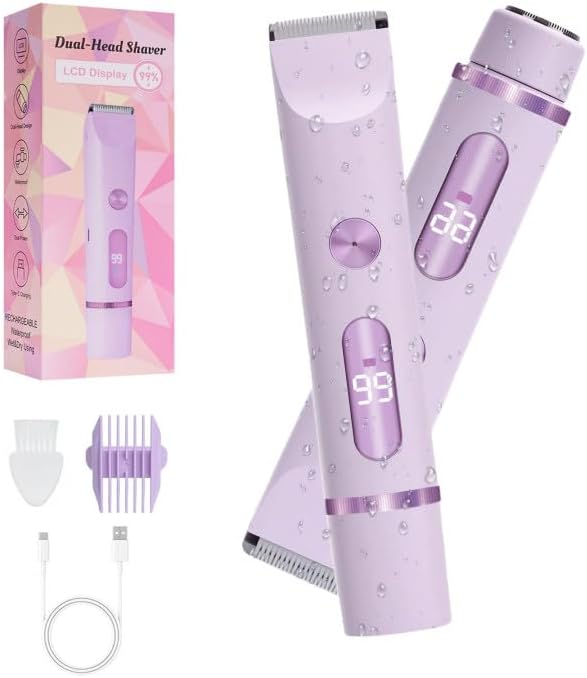 2025 Upgraded Dermave Bikini Shaver - 2 in 1 Bikini Trimmer for Women with LCD Display, Dual Head Cordless Electric Shaver, IPX7 Waterproof Wet/Dry Body Hair Trimmer for Face,Purple-FemmiqueWomen