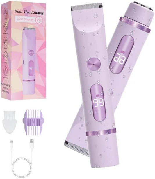 2025 Upgraded Dermave Bikini Shaver - 2 in 1 Bikini Trimmer for Women with LCD Display, Dual Head Cordless Electric Shaver, IPX7 Waterproof Wet/Dry Body Hair Trimmer for Face,Purple-FemmiqueWomen