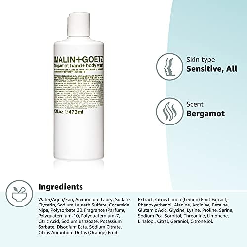 Malin + Goetz Essential Bergamot Purifying, Hydrating Hand + Body Wash, Natural Ingredients for All Skin Types, Soap for Sensitive, Dry Skin, No Stripping, Irritation, 16 Fl Oz-FemmiqueWomen
