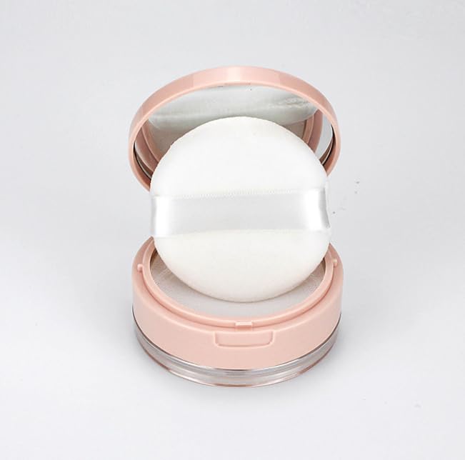 Loose Powder Cocntainer No Leaks Empty Reusable Plastic Loose Powder Compact Container Makeup Powder Case with Sponge Powder Puff,Elasticated Net Sifter and Pink Threaded Screw Lid-FemmiqueWomen