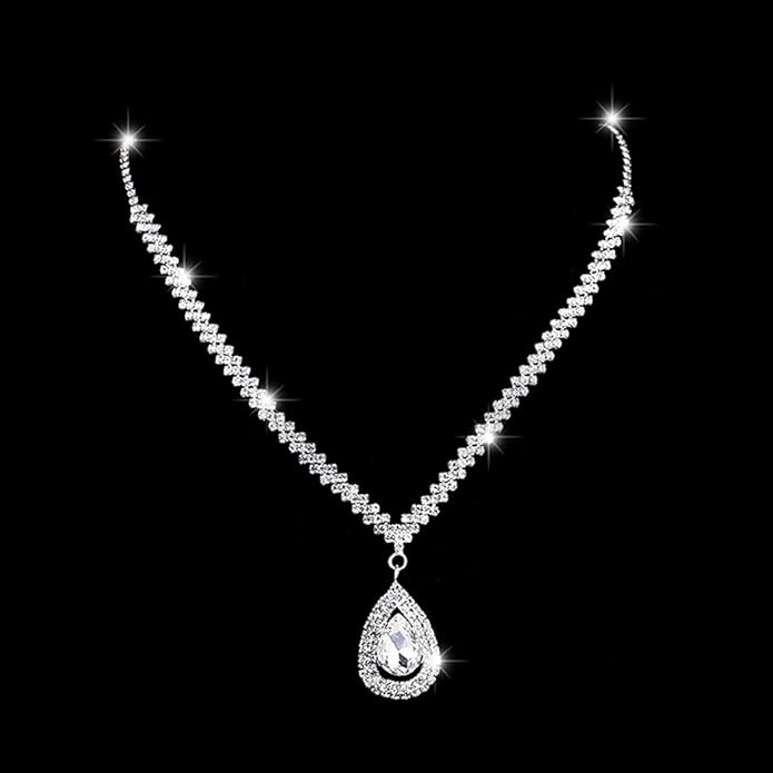 Bride Silver Necklace Earrings Set Rhinestone Wedding Jewelry Set Crystal Choker Necklace for Women-FemmiqueWomen