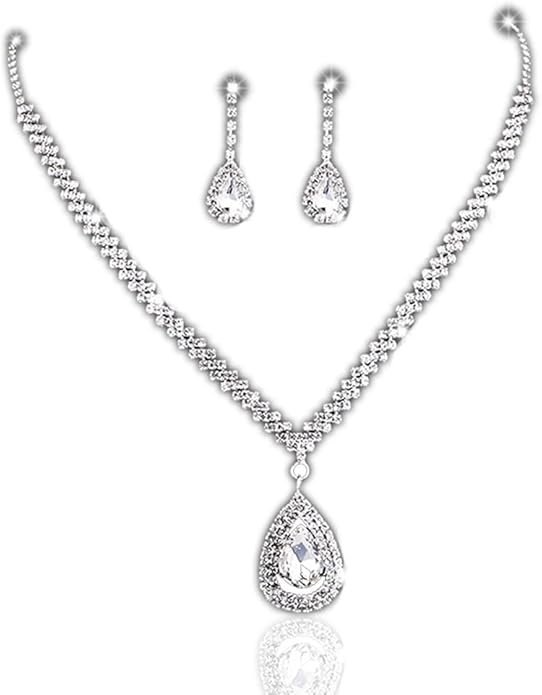 Bride Silver Necklace Earrings Set Rhinestone Wedding Jewelry Set Crystal Choker Necklace for Women-FemmiqueWomen