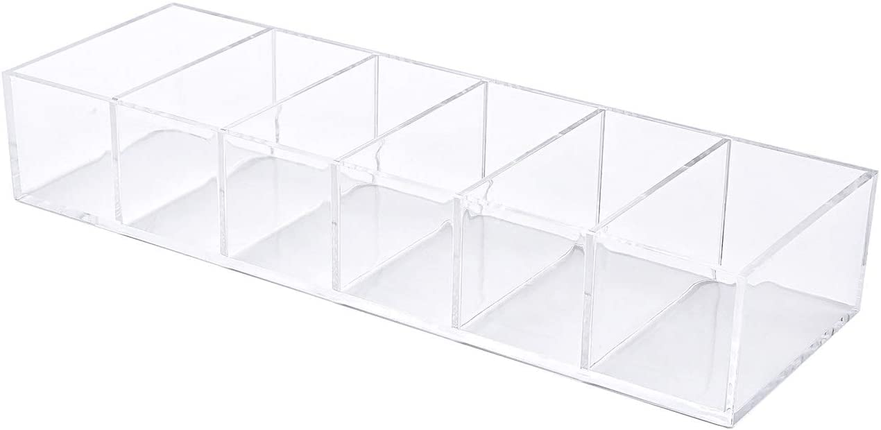 Acrylic Makeup Organizer Cosmetic Storage Makeup Display Case Lipstick Holder Dispenser Adjustable Canister Bathroom Container (10 x 3.4 x 1.9 inches, 6 Partitions, Transparent)-FemmiqueWomen