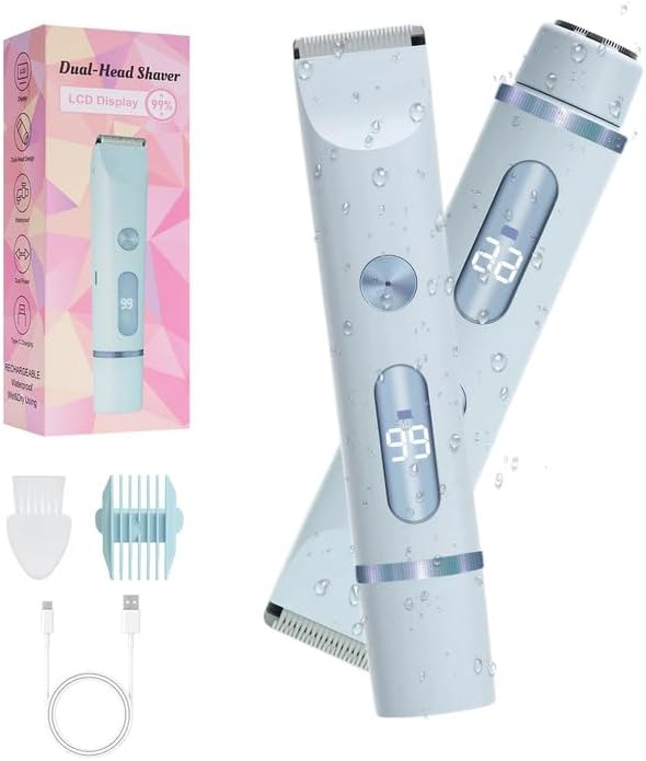 2025 Upgraded Dermave Bikini Shaver - 2 in 1 Bikini Trimmer for Women with LCD Display, Dual Head Cordless Electric Shaver, IPX7 Waterproof Wet/Dry Body Hair Trimmer for Face,Blue-FemmiqueWomen