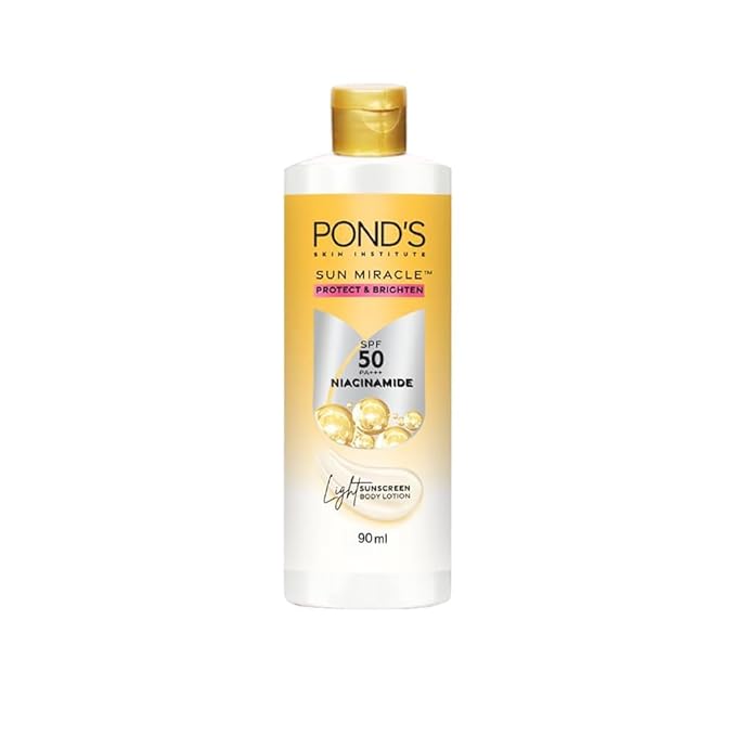POND-S. Sun Miracle Body Lotion, SPF 50 PA+++, 90 ml, UVA/UVB Protection, 1% Niacinamide, Lightweight, No White Cast 3.0 Fl.oz.-FemmiqueWomen