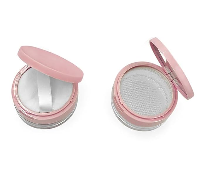 Loose Powder Cocntainer No Leaks Empty Reusable Plastic Loose Powder Compact Container Makeup Powder Case with Sponge Powder Puff,Elasticated Net Sifter and Pink Threaded Screw Lid-FemmiqueWomen