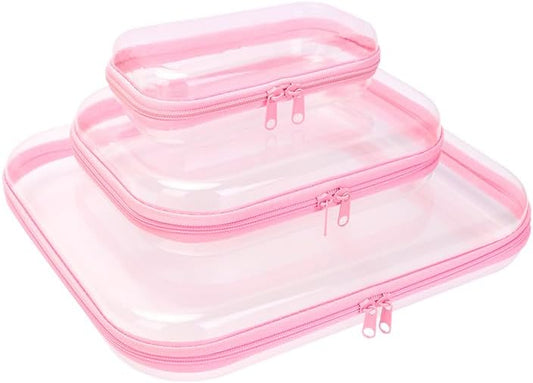 3PCS Clear Zipper Cases, Portable Clear Organizer Pouches for Travel, Double Zippered Hard Shell Plastic Case, Cosmetic Bag for Make Up Tools, Toiletries, Toy Storage (Pink, 1 Pack)-FemmiqueWomen