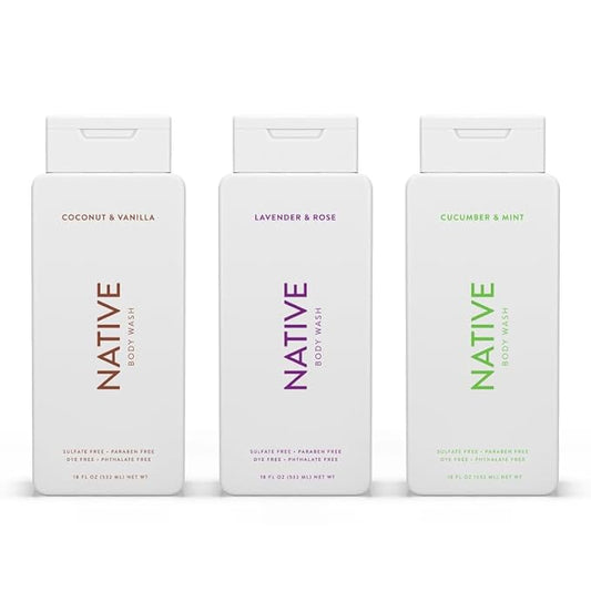 Native Body Wash Contains Naturally Derived Ingredients | for Women & Men, Sulfate, Paraben, & Dye Free Leaving Skin Soft & Hydrated |Coconut & Vanilla, Lavender Rose, & Cucumber Mint, 18 oz Pack of 3-FemmiqueWomen