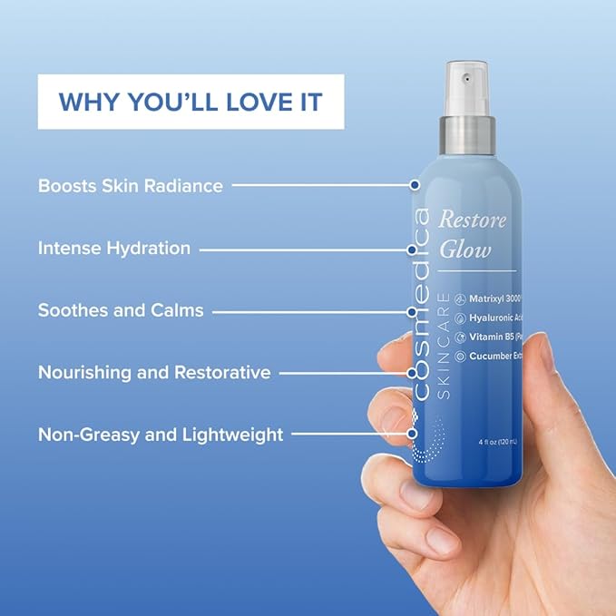 Cosmedica Skincare Restore Glow Peptide Spray Hydrating Mist with Matrixyl 3000, Vitamin B5, Hyaluronic Acid & Cucumber Extract for Radiant Skin – 4 oz-FemmiqueWomen
