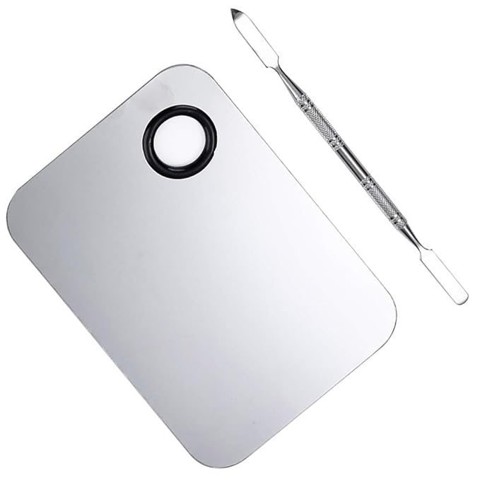2 Pcs Stainless Steel Cosmetic Makeup Palette, Professional Cosmetic Mixing Makeup Palette Spatula Makeup Artist Tool, Beauty Salon Color Cream Mixing Palette With A Spatula Makeup Nail Art Palette-FemmiqueWomen