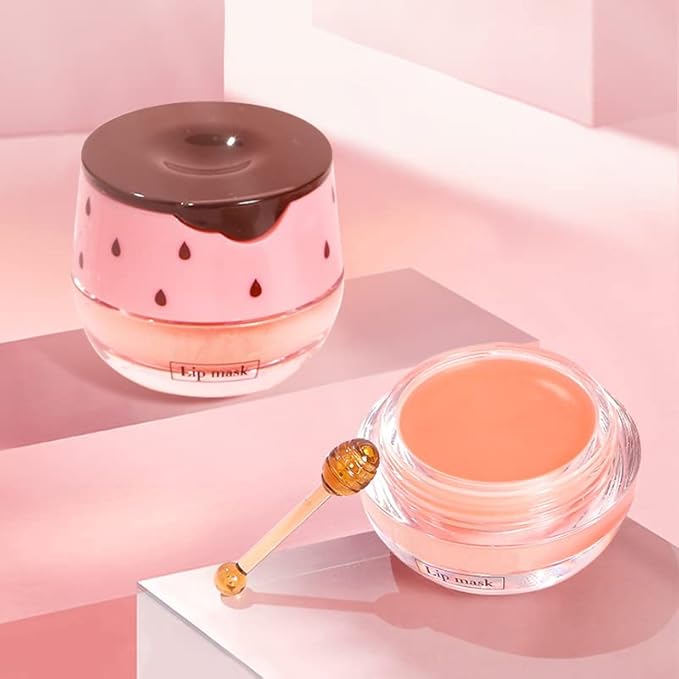 2PCS Strawberry Sleeping Lip Mask,Bee Lip Balm Lip Mask Honey Pot Propolis Moisturizing Lip Balm with Stick,Plumping Lip Hydrating Prevention Dry & Cracked Lip Scrubs Exfoliato Lip Wrinkle Care-FemmiqueWomen