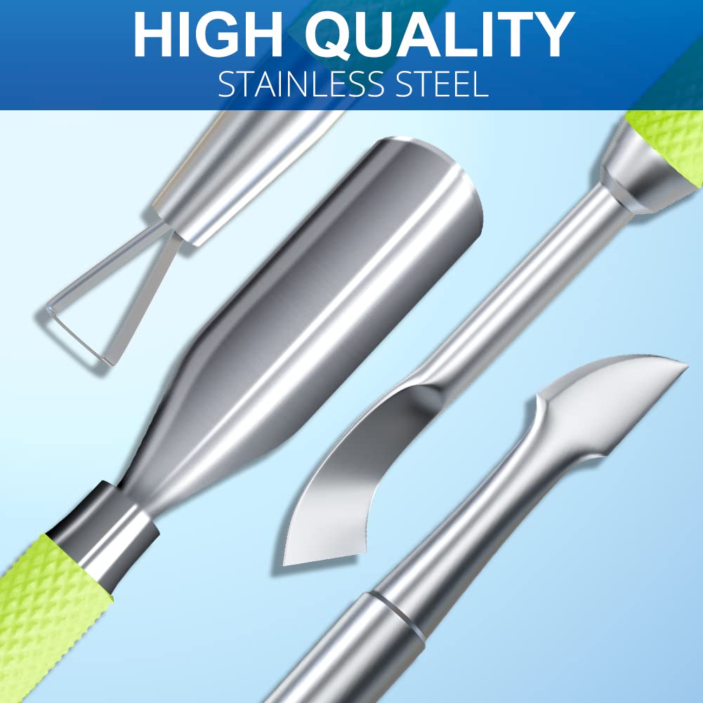 2PCS Metal Neon Green Cuticle Pusher and Cutter Remover Salon Quality Stainless Steel Gel Nail Polish Peeler Scraper Durable Manicure and Pedicure Cleaner Tool For Fingernail and Toenail-FemmiqueWomen