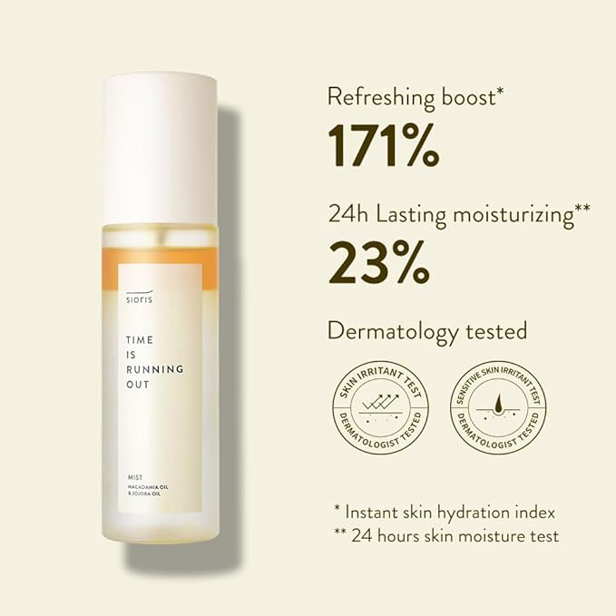 SIORIS Time Is Running Out mist 30ml (organic, vegan), glass skin face mist for Sensitive Skin, jojoba oil for moisture lock, enriched citrus water rejuvenates glass veil finish-FemmiqueWomen