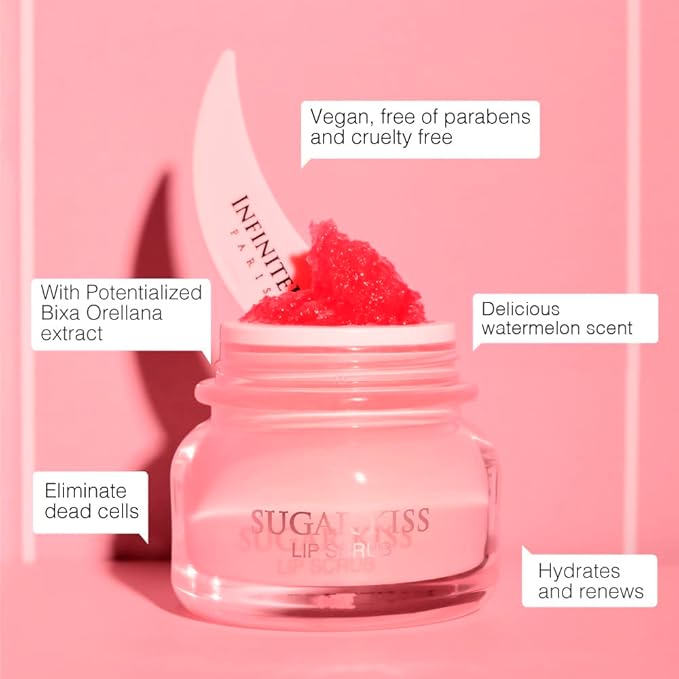 Infinitek Paris Sugar Kiss Watermelon Flavored Lip Scrub 2.4 oz / 68 g - Hydrating Lip Balm, Scrubber Exfoliator, Lip Mask, Lip Repair Treatment & Lightening Exfoliator for Dark Lips-FemmiqueWomen