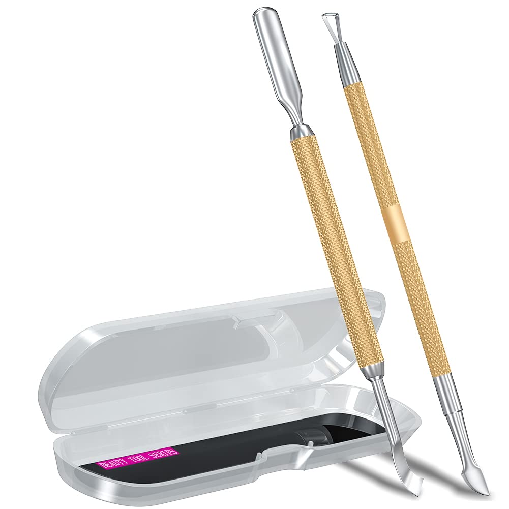 2PCS Metal Champagne Gold Cuticle Pusher and Cutter Remover Salon Quality Stainless Steel Gel Nail Polish Peeler Scraper Durable Manicure and Pedicure Cleaner Tool For Fingernail and Toenail-FemmiqueWomen