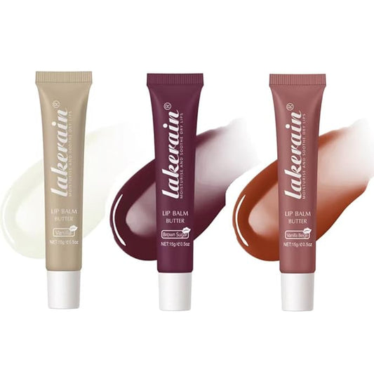 3 Colors Lip Butter Balm Set，Vanilla Vanilla Beige Brown Sugar, Lasting Moisture Non Stick Glow Resurrection Cream Lip Oil Gloss Trio Lip Care Makeup(123# Vanilla + Vanilla Beige+Brown Sugar)-FemmiqueWomen