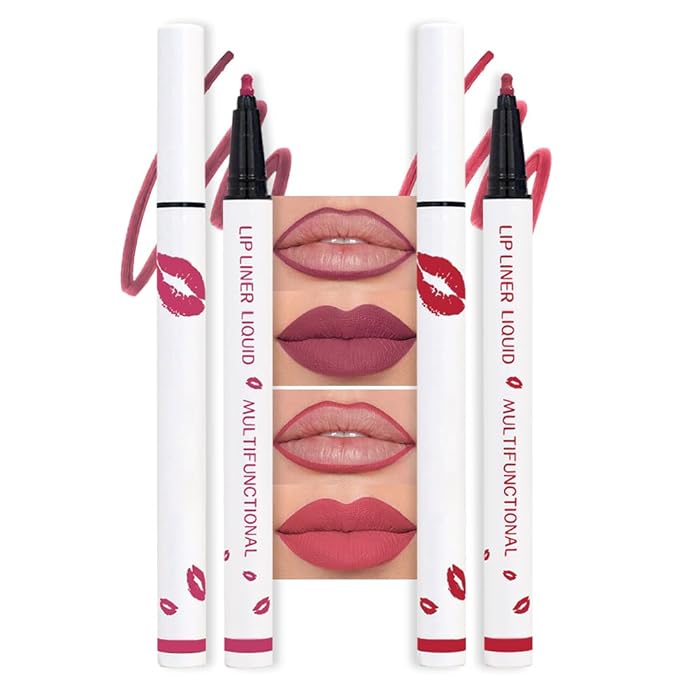 2Pcs Longwear Liquid Lip Liner Stain Marker Pen Set Long Lasting Waterproof, Mauve Pink Red Matte Semi Permanent 24 Hour Lip Liner and Lipstick Combo, Color Stay Lipliner All Day, Lips Stain peel off-FemmiqueWomen